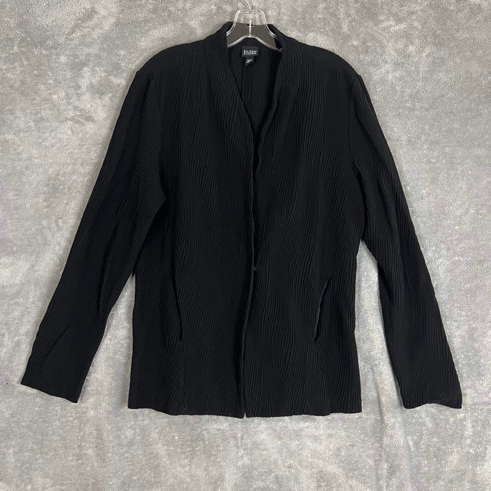 Vintage Eileen Fisher Cardigan Sweater Women L Black Viscose Textured Minimalist